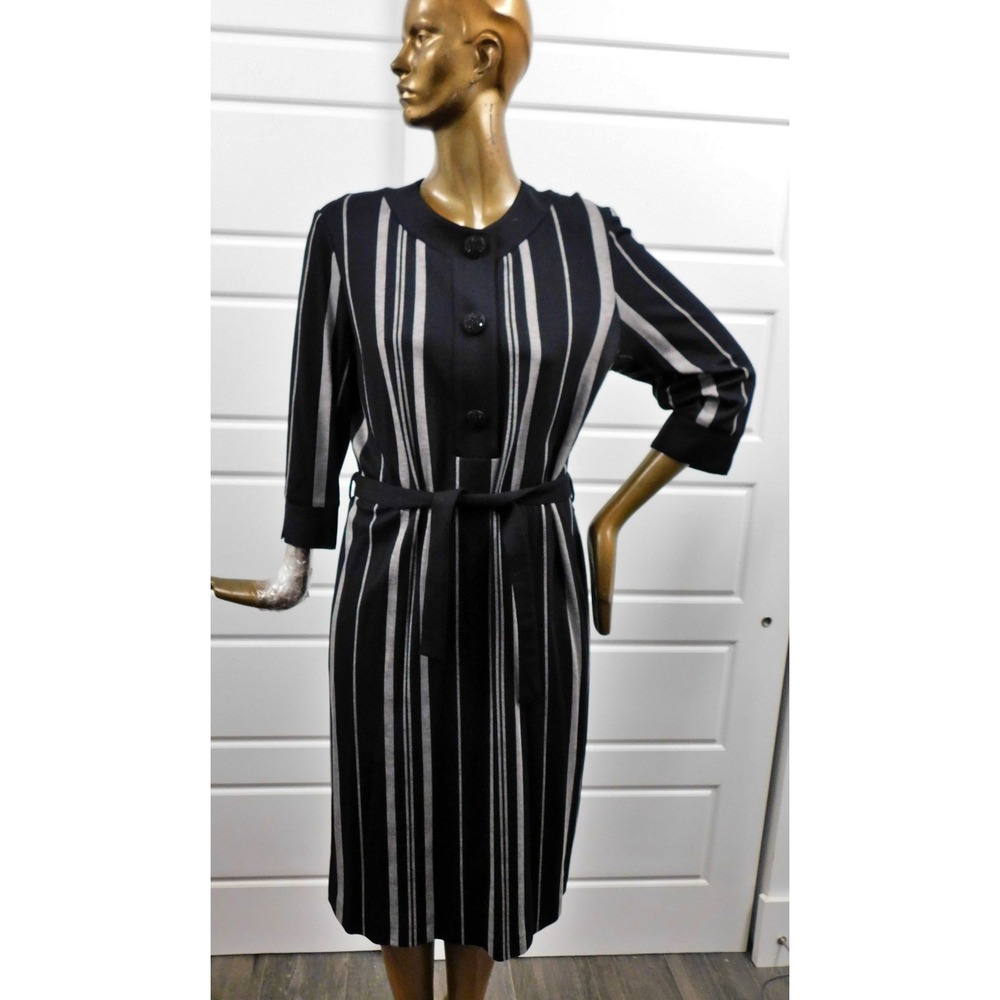 Gwen Christie-Paris-Black Gray Striped Long Sleeve Dress sz‎ 46 NWT